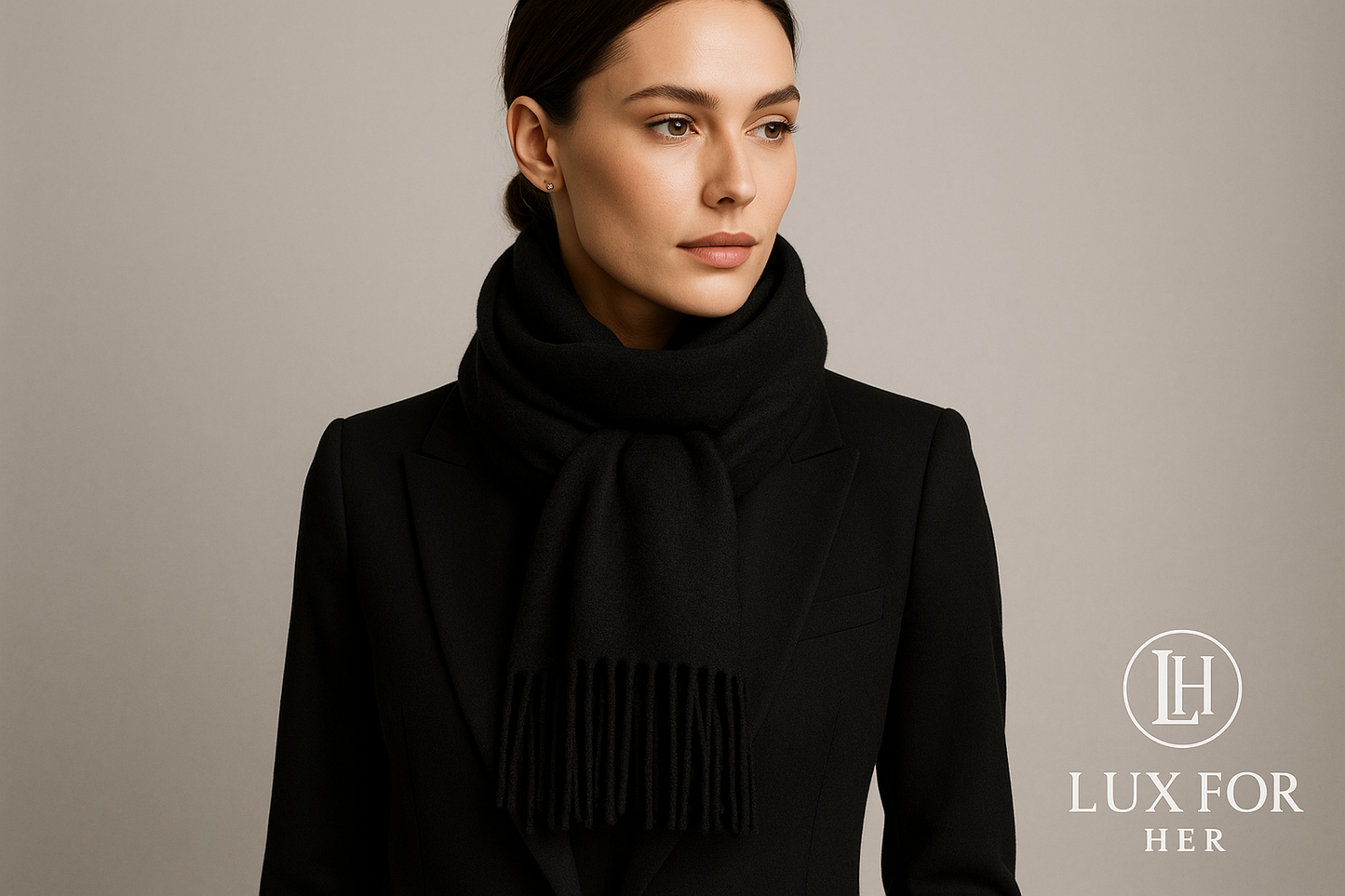 Black cashmere scarf with Lux For Her logo