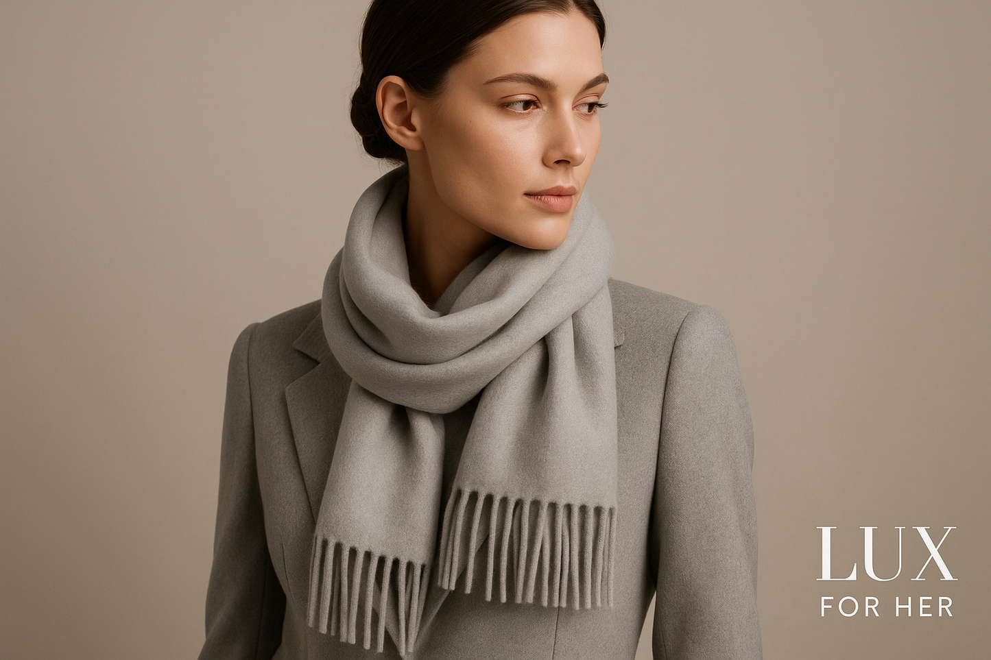 Light gray cashmere scarf with Lux For Her logo