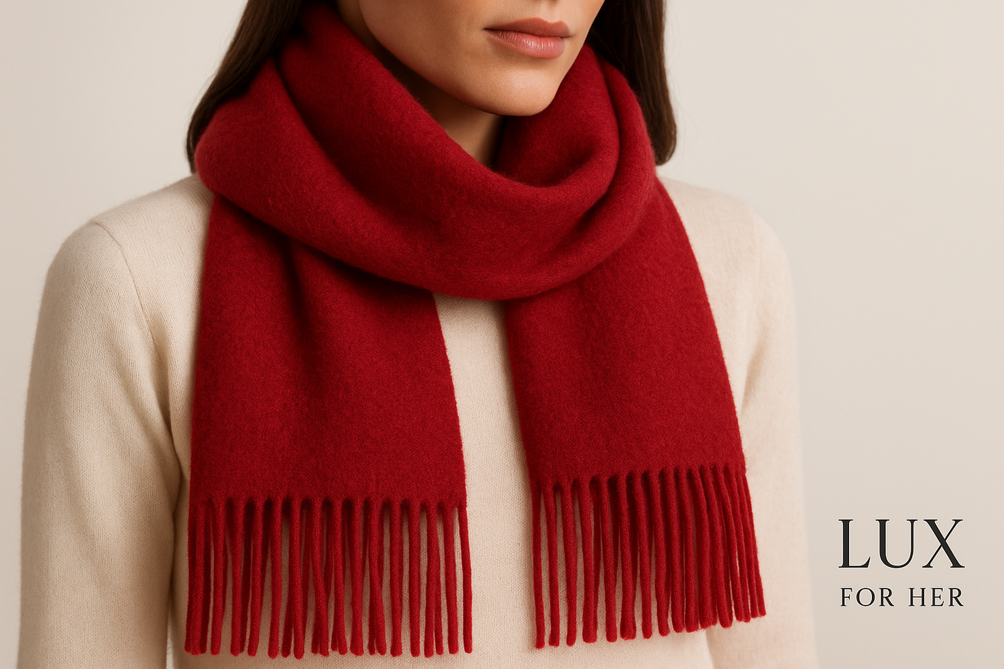 Red cashmere scarf detail with Lux For Her logo