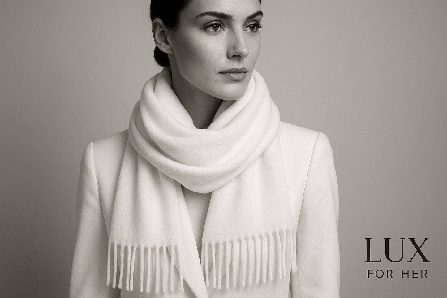 White cashmere scarf with Lux For Her logo