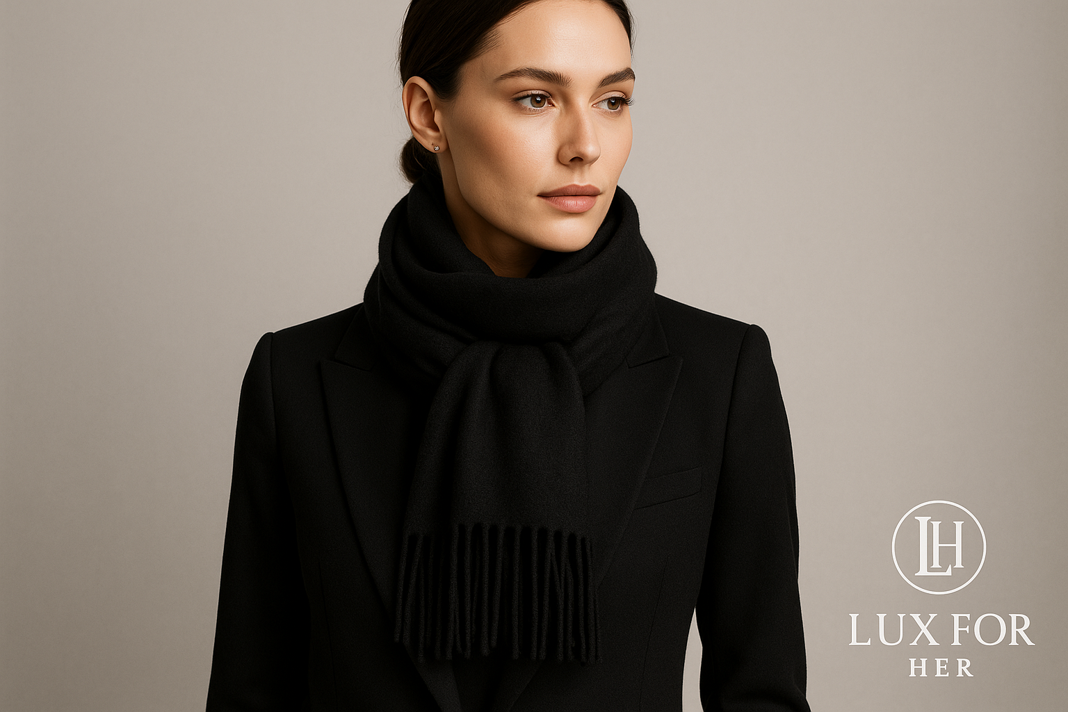 Black cashmere scarf with Lux For Her logo