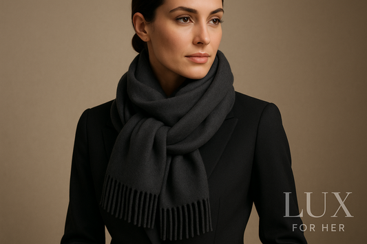 Dark gray cashmere scarf with Lux For Her logo