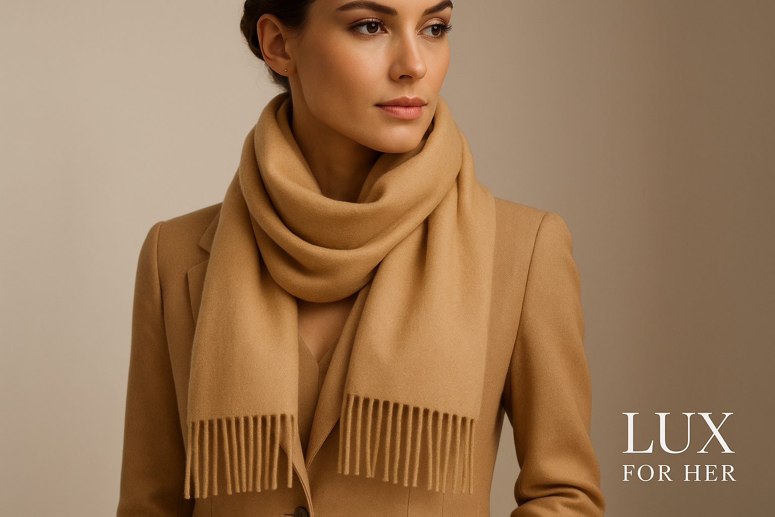 Light camel cashmere scarf with Lux For Her logo