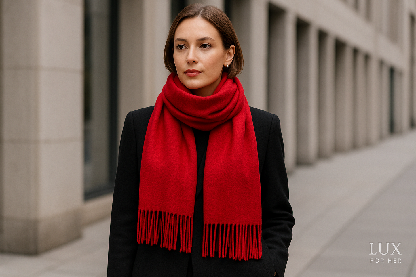 Red cashmere scarf with Lux For Her logo
