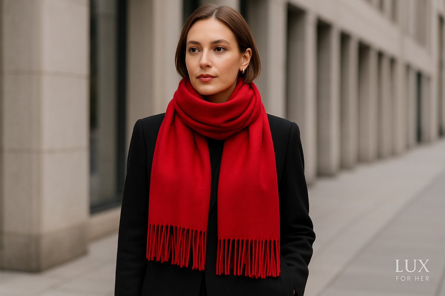 Red cashmere scarf with Lux For Her logo